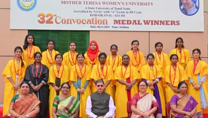 Thiru. R.N.Ravi, Hon’ble Governor of Tamil Nadu and Chancellor, Mother Teresa Women's University, Kodaikanal presented the medals and degrees to 8,143 students at 32nd Convocation of the Mother Teresa Women's University at Paavaiyar Arangam, Mother Teresa Women's University, Kodaikanal, Dindigul District - 06.11.2025. Prof.Geetanjali Dash, Vice-Chancellor, Berhampur University, Odisha, Dr. K.Kala, Vice-Chancellor, Mother Teresa Women's University and other dignitaries were present.