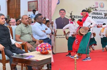 Thiru. R.N.Ravi, Hon'ble Governor of Tamil Nadu along with the dignitaries witnessed the cultural folk performance by the tribal youth participants at the inaugural ceremony of 17th Tribal Youth Exchange Program organised by 'My Bharat' under the Ministry of Home Affairs & Ministry of Youth Affairs & Sports, Government of India at Bharathiar Mandapam, Raj Bhavan,Chennai - 24.11.2025.