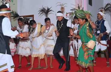 Thiru. R.N.Ravi, Hon'ble Governor of Tamil Nadu, joined the youths in cultural folk dance and played drum during inaugural ceremony of 17th Tribal Youth Exchange Program organised by 'My Bharat' under the Ministry of Home Affairs & Ministry of Youth Affairs & Sports, Government of India at Bharathiar Mandapam, Raj Bhavan, Chennai - 24.11.2025.