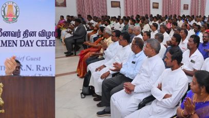 Thiru. R.N.Ravi, Hon’ble Governor of Tamil Nadu, felicitated fifteen Fishermen for their remarkable contributions towards Nation, and addressed hundreds of members of fishers community, fishers associations, entrepreneurs and stakeholders at World Fishermen Day - 2025 celebration held at Bharathiar Mandapam, Raj Bhavan, Chennai - 24.11.2025.