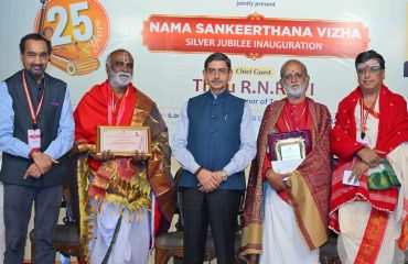Thiru. R.N.Ravi, Hon'ble Governor of Tamil Nadu, presented 'Sankeerthana Kalanidhi Award' to Thiru. Yagyarama Sharma and 'Sankeerthana Choodamani Award' to Thiru. Cuddalore Gopi Bhagavathar for their distinguished contribution to Carnatic Music at the inaugural session of Silver Jubilee Celebration of Nama Sankeerthana Vizha-2025 organised by Sri Krishna Gana Sabha at Chennai - 28.11.2025.