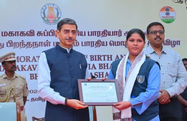 Thiru. R.N. Ravi, Hon'ble Governor of Tamil Nadu felicitated School students Ms.Nabiya Khan and Ms.Bhami of DTEA,School, New Delhi and Ms.Aditi, PG Diploma Tamil Student, Banaras Hindu University & 40 eminent scholars across the Nation for their contributions in translation of Tamil literary works to various Indian languages and translation of literary works of various Indian languages to Tamil language and addressed the gathering on the commemoration of 144th Birth Anniversary of Mahakavi Subramania Bharathiar And Bharatiya Bhasha Diwas - 2025 Celebrations held at Bharathiar Mandapam, Lok Bhavan, Chennai - 11.12.2025.