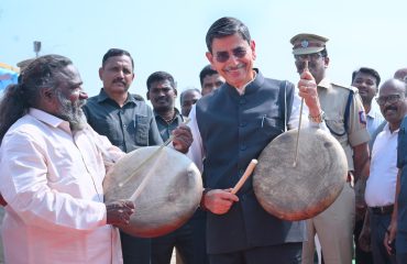 Thiru. R.N.Ravi, Hon'ble Governor of Tamil Nadu played 'Parai' traditional art form of Tamil Nadu along with the Parai artists at the inauguration of 'Bharathi Parai Cultural Centre' of Parai Artist Thiru. Velu Aasan, Padma Shri awardee at Mattamalai Village, Sathur Taluk, Virudhunagar District - 12.12.2025. Lok Bhavan, Tamil Nadu extended the support for instituting the Bharathi Parai Cultural Centre.