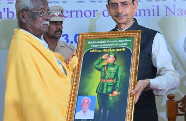 Thiru. R. N. Ravi, Hon’ble Governor of Tamil Nadu, along with INA veterans, freedom fighters, and members of INA families, participated in the Parakram Diwas celebrations marking the 129th Birth Anniversary of Netaji Subhas Chandra Bose, organised by the All India Azad Hind Fauj (IIL-INA-RJ) Association, Chennai. He felicitated the INA veterans and addressed the gathering. The function was held at Netaji Bhavan, Padiyanallur, Chennai - 23.01.2026.