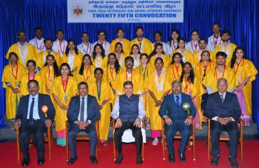 Thiru. R.N.Ravi, Hon’ble Governor of Tamil Nadu and Chancellor, Tamil Nadu Veterinary and Animal Sciences University presented the medals and degrees to 699 students at 25th convocation of Tamil Nadu Veterinary and Animal Sciences University at Anna Auditorium, Madras Veterinary College, Vepery, Chennai - 24.01.2026. Dr. Niranjan Kalita, Vice-Chancellor, Assam Veterinary and Fishery University participated as chief guest and delivered the convocation address. Dr. R. Narendra Babu, Registrar and Vice-Chancellor (i/c), Tamil Nadu Veterinary and Animal Sciences University and other dignitaries were present.