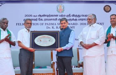 Thiru.R.N.Ravi, Hon'ble Governor of Tamil Nadu presided over the felicitation function of Dr. K.Ramasamy, Padma Shri award - 2026 recipient & successful conduct of South India Natural Farming Summit-2025 and feliciated Dr. K. Ramasamy, Padma Shri award recipient of 2026 at Bharathiar Mandapam, Lok Bhavan, Chennai - 08.02.2026.