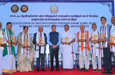 Thiru. R.N.Ravi, Hon'ble Governor of Tamil Nadu, felicitated the distinguished persons from Tamil Nadu who are conferred with Padma Awards - 2026 for their impeccable achievements and transformative contributions that are shaping the nation, inspiring generations and elevating excellence to new heights and addressed the gathering at the function held at Bharathiar Mandapam, Lok Bhavan, Chennai- 23.02.2026. Dr Kallipatti Ramasamy Palaniswamy (Padma Bhushan Award for Medicine), Thiru. S.K.M. Maeilanandhan (Padma Bhushan Award for Social Work), Dr H.V. Hande (Padma Shri Award for Medicine), Tmt. Sivasankari (Padma Shri Award for Literature and Education), Dr K. Ramasamy (Padma Shri Award for Science & Engineering), Thiruvaarur Thiru. Bakthavathsalam (Padma Shri Award for Art), Prof. V.Kamakoti (Padma Shri Award for Science & Engineering), Othuvaar Thiruthani Thiru. N.Swaminathan (Padma Shri Award for Art), Thiru. Punniamurthy Natesan (Padma Shri Award for Medicine), Spouse of Late Thiru. Krishnan (Padma Shri Award for Art) on his behalf, Thiru. Rajastapathi Kaliappa Goundar (Padma Shri Award for Art), Tmt. Gayatri Balasubramanian (Padma Shri Award for Art), Tmt. Ranjani Balasubramanian (Padma Shri Award for Art) was felicitated during the function.