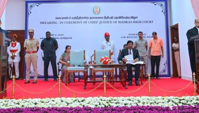 Thiru.R.N.Ravi, Hon’ble Governor of Tamil Nadu, administered the oath of office to Hon’ble Justice Thiru. Sushrut Arvind Dharmadhikari as Chief Justice of The Madras High Court at Lok Bhavan, Chennai - 06.03.2026.