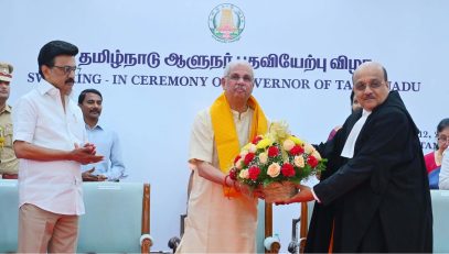 Hon’ble Justice Thiru. Sushrut Arvind Dharmadhikari, Chief Justice of Madras High Court greeted the newly Sworn-in Hon'ble Governor of Tamil Nadu, Thiru. Rajendra Vishwanath Arlekar at Bharathiar Mandapam, Lok Bhavan, Chennai - 12.03.2026. Thiru. M.K. Stalin, Hon'ble Chief Minister of Tamil Nadu, Council of Ministers and other dignitaries were present.