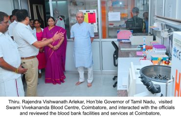 Thiru. Rajendra Vishwanath Arlekar, Hon’ble Governor of Tamil Nadu, visited Swami Vivekananda Blood Centre, Coimbatore, and interacted with the officials and reviewed the blood bank facilities and services at Coimbatore - 05.04.2026