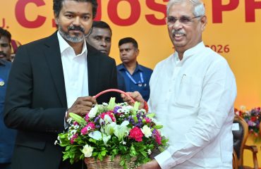Thiru. Rajendra Vishwanath Arlekar, Hon'ble Governor of Tamil Nadu, greeted the newly sworn Chief Minister of Tamil Nadu Thiru.C. Joseph Vijay, at Nehru Indoor Stadium, Chennai - 10.05.2026.