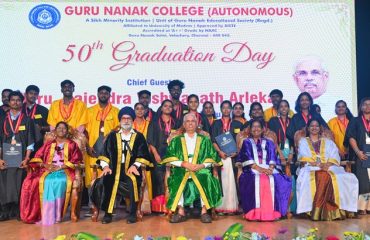 Thiru. Rajendra Vishwanath Arlekar, Hon'ble Governor of Tamil Nadu, participated as chief guest and presented the medals and certificates to the students at the 50th Graduation Day of Guru Nanak College at the function held at Shaheed Baba Deep Singh Auditorium, Guru Nanak College, Velachery, Chennai - 18.06.2026.