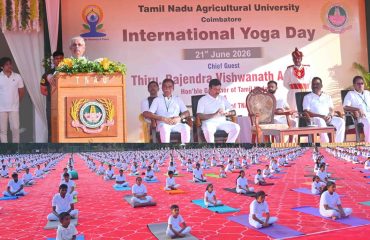 Thiru. Rajendra Vishwanath Arlekar, Hon’ble Governor of Tamil Nadu, along with over 1,500 students, participated in the 12th International Day of Yoga 2026 celebrations at the University Ground of Tamil Nadu Agricultural University, Coimbatore on 21.06.2026. The Hon’ble Governor practiced key yoga asanas along with the students and shared deeper insights into the importance of Yoga and its role in promoting holistic health and well-being.