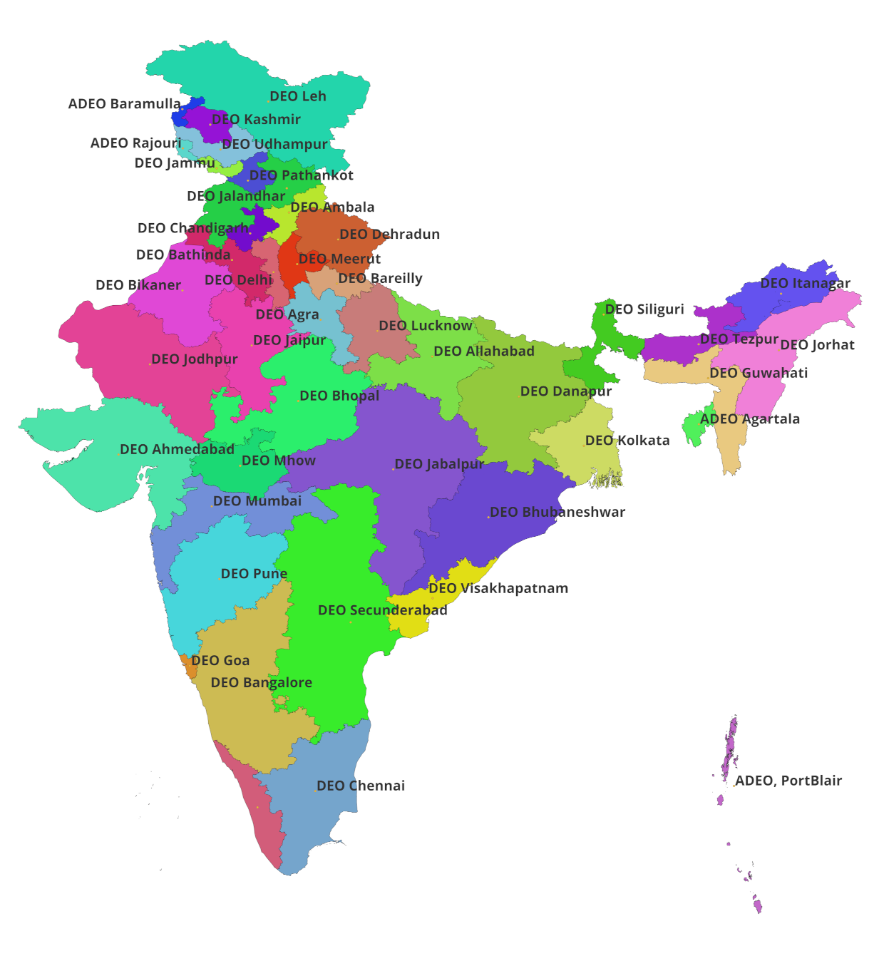 पूरे भारत में डीईओ/एडीईओ का क्षेत्राधिकार