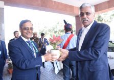 Shri Giridhar Aramane, Defence Secretary being welcomed by Shri Ajay Kumar Sharma, the then Director General Defence Estates.;?>