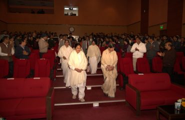 Representatives of Brahma Kumaris being welcomed by audience at Chanakya Auditorium