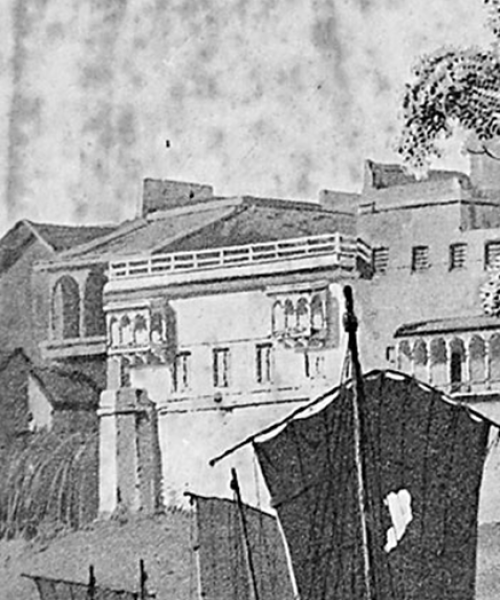 An aquatint print by Thomas Daniell, titled ‘Part of the city of Patna on the river Ganges’, hung on the wall of Raj Bhavan, Bihar