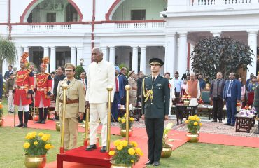 His Excellency paying respect to the National Anthem.