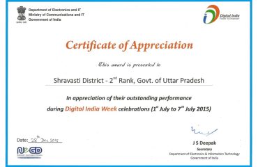 Digital India Award 2015 to district Shravasti for outstanding performance during Digital India Week 2015 - Certificate