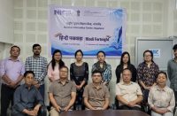 Group photo with External Evaluator Shri Prakash Pradhan and District Officials after the Hindi Poem Recitation, Storytelling, and Singing Competitions.
