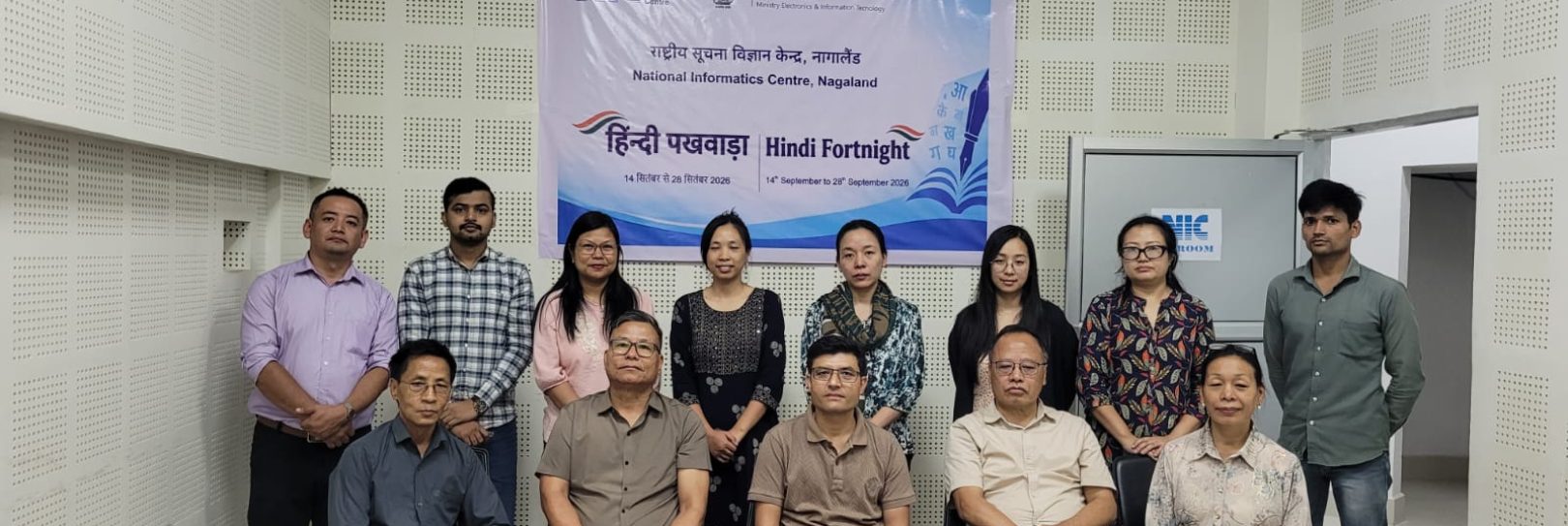 Group photo with External Evaluator Shri Prakash Pradhan and District Officials after the Hindi Poem Recitation, Storytelling, and Singing Competitions.