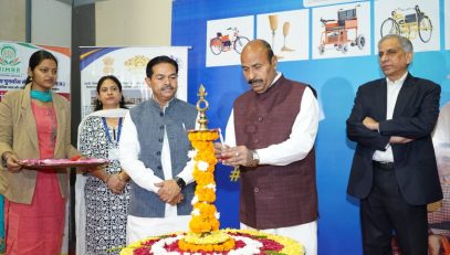 Dr.Virendra Kumar, Minster for Social Justice and Empowerment, GoI, Lighting the Lamp during the inauguration of DEPwD Pavilion at IITF 2025