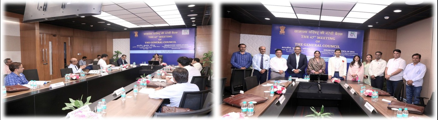 Split view of RCIs 47th General Council meeting: left shows Chairman, Member Secretary, and members discussing; right shows members posing for a group photo with a blue banner and Govt. of India emblem.