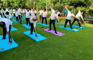 RCI officials practicing side-bending yoga posture on mats during Yoga Day celebration in an outdoor garden