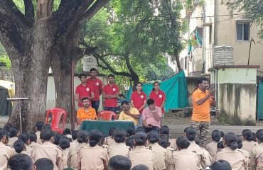 Disaster management trainers briefing NCC cadets on preparedness and emergency response during the Akola session.