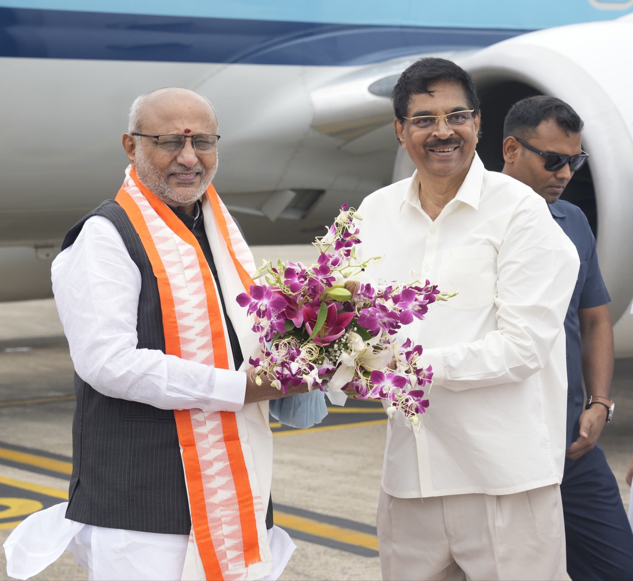 Vice President Shri C. P. Radhakrishnan received a warm welcome on his arrival at Biju Patnaik International Airport, Bhubaneshwar on 09.07.2026. He was received by Governor of Odisha Dr. Hari Babu Kambhampati, Chief Minister of Odisha Shri Mohan Charan Majhi; Union Education Minister Shri Dharmendra Pradhan and other dignitaries.