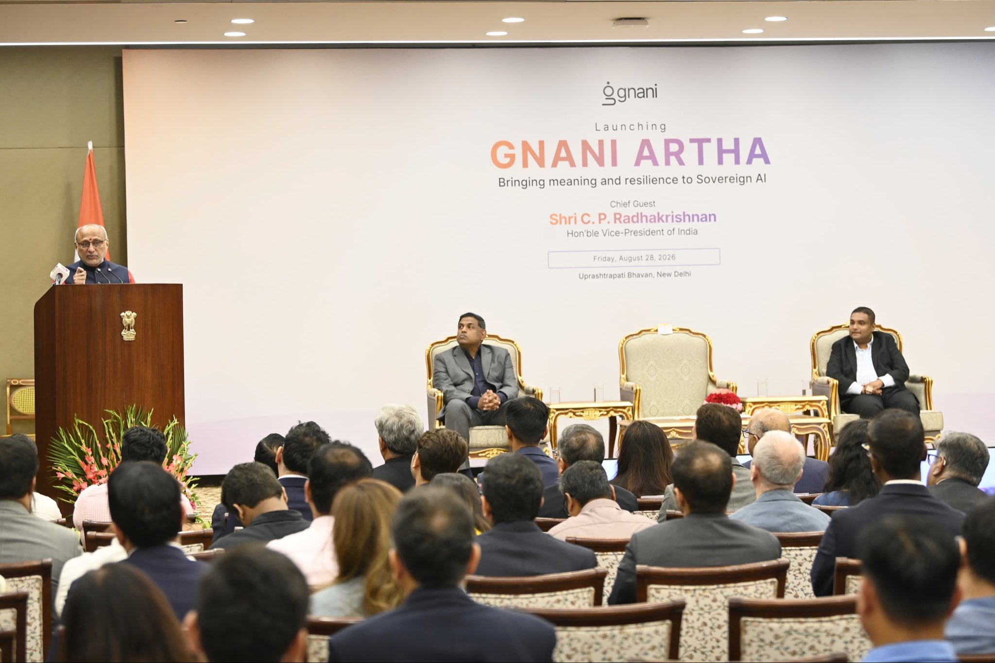 Vice President Shri C. P. Radhakrishnan launched ‘Gnani Artha’, comprising Evon 3.3, a large language model, and Plexus, a platform connecting AI intelligence with real-world work and institutions, developed by GNANI AI, at Uprashtrapati Bhavan, New Delhi on 28.8.2026