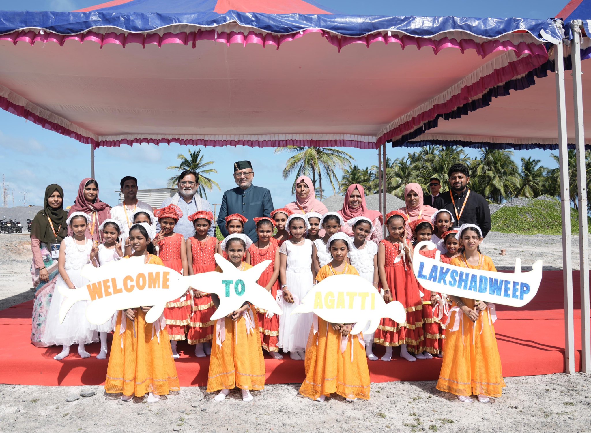 Vice President Shri C. P. Radhakrishnan received a warm cultural welcome by the children of Agatti upon his arrival in Lakshadweep on 31.08.2026
