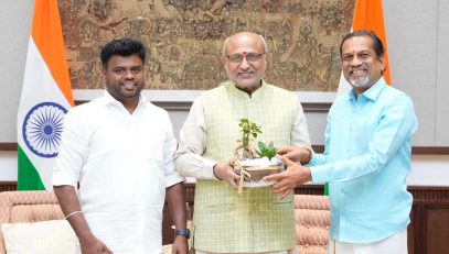 Shri Sridhar Vembu, Chief Scientist and Co-founder of Zoho Corporation and Shri Ananthan Ayyasamy, Founder and CEO of Tensemi (Tenkasi Semiconductors) called on Vice President Shri C. P. Radhakrishnan at Uprashtrapati Bhawan on 03.07.2026