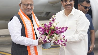 Vice President Shri C. P. Radhakrishnan received a warm welcome on his arrival at Biju Patnaik International Airport, Bhubaneshwar on 09.07.2026. He was received by Governor of Odisha Dr. Hari Babu Kambhampati, Chief Minister of Odisha Shri Mohan Charan Majhi; Union Education Minister Shri Dharmendra Pradhan and other dignitaries.