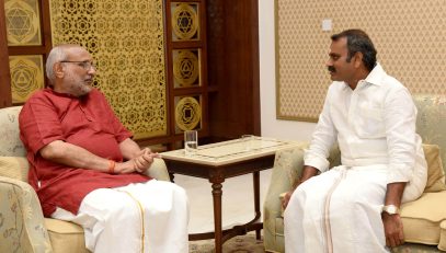 The Vice President of India, Shri C.P. Radhakrishnan meeting with the Minister of State for Information and Broadcasting and Parliamentary Affairs, Dr. L. Murugan, in New Delhi on September 12, 2025.