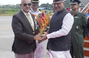 Vice President Shri C. P. Radhakrishnan arrived at INS Utkrosh, Sri Vijaya Puram and was warmly received by the Lieutenant Governor of Andaman and Nicobar Islands, Admiral Devendra Kumar Joshi (Retd.) on 08.08.2026