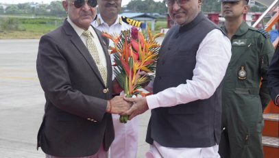 Vice President Shri C. P. Radhakrishnan arrived at INS Utkrosh, Sri Vijaya Puram and was warmly received by the Lieutenant Governor of Andaman and Nicobar Islands, Admiral Devendra Kumar Joshi (Retd.) on 08.08.2026