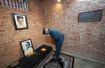 Vice President Shri C. P. Radhakrishnan paid tribute floral tributes at the Veer Savarkar’s cell at National Memorial Cellular Jail on 08.08.2026