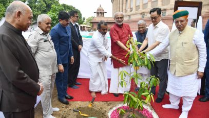 The Vice President of India, Shri C.P. Radhakrishnan planting a sapling at Parliament House, in New Delhi on September 12, 2025.