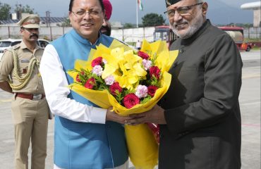Vice President Shri C. P. Radhakrishnan was received by Governor of Uttarakhand Lt. Gen. Gurmit Singh (Retd.), Chief Minister of Uttarakhand Shri Pushkar Singh Dhami, and other dignitaries upon his arrival at Jolly Grant Airport, Dehradun on 19.08.2026.