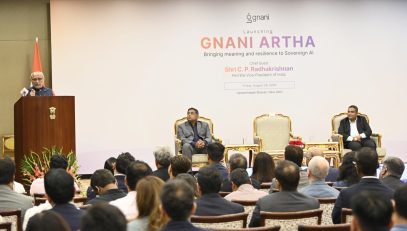 Vice President Shri C. P. Radhakrishnan launched ‘Gnani Artha’, comprising Evon 3.3, a large language model, and Plexus, a platform connecting AI intelligence with real-world work and institutions, developed by GNANI AI, at Uprashtrapati Bhavan, New Delhi on 28.8.2026