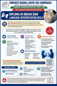 Summer Admission Notice 2026–2028 for the Diploma in Indian Sign Language Interpretation (DISLI) at CRC Sundernagar