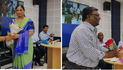 (left) Smt. C. Radha, STD & ASIO Districts welcoming to Mrs. G D Vinod Kumar(Right)Shri. Maruthi Kumar, GM NICSI handing flower Boquete to Shri. G D Vinod Kumar
