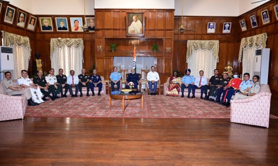 Honorable Governor Shri C.P. Radhakrishnan interacting with the team members who came to study 'Economic Security' in Jharkhand state under the 'National Security and Strategic Studies' course by the 'Faculty & Course Members' of National Defense College, New Delhi, at Raj Bhavan