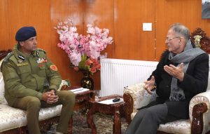 DGP Mukesh calls on LG Kavinder Gupta in Leh.