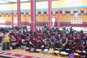 On the second day of prayer ceremonies for the upcoming Sacred Exposition of the Holy Relics of Tathagata Buddha, monks from Likir Monastery conducted a solemn prayer ceremony at Dharma Centre in Choglamsar.