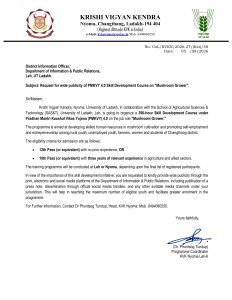KVK Nyoma to Organise PMKVY 4.0 Skill Development Course on Mushroom Cultivation.
