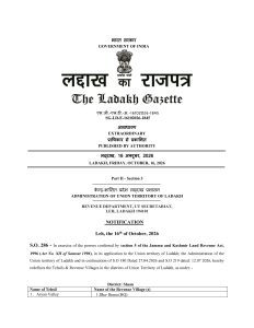 Ladakh Administration redefines tehsils and revenue villages across five districts; Powers of ADC Durbuk entrusted to SDM Durbuk.