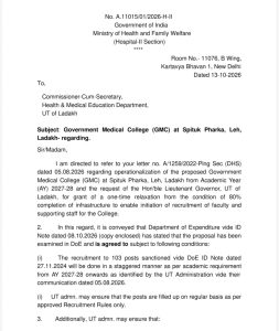 Ministry of Health & Family Welfare approves operationalisation of Ladakh’s first Medical College in Leh, from academic year 2027–28 following L-G VK Saxena’s intervention.