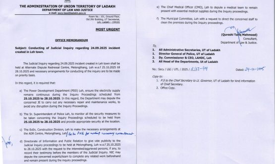 Conducting of Judicial Inquiry regarding 24.09.2025 incident created in Leh town.